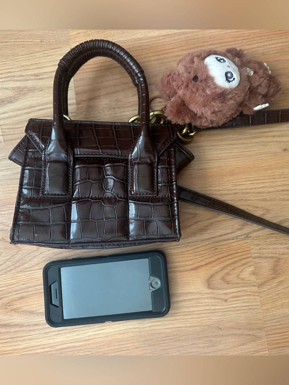 Zara Dark Brown Croc-Embossed Top-Handle Bag - Picture 6 of 7